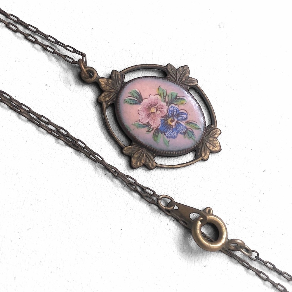 Vintage Antique (?) Brass Floral Cameo Necklace